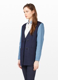 Denim-Sleeve Striped Print Tuxedo Blazer 